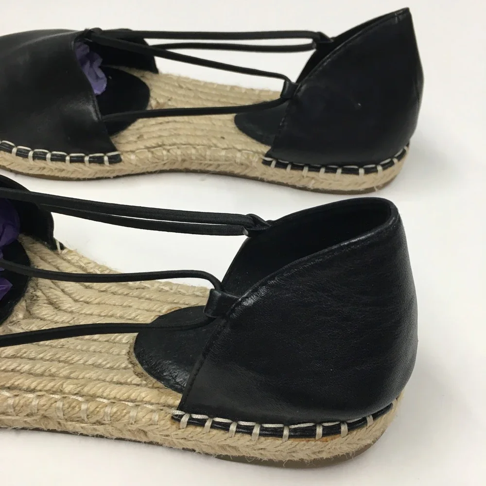 Eileen Fisher Leather Jute Espadrille Flats 8 Black Minimalist Boho Chic Classic